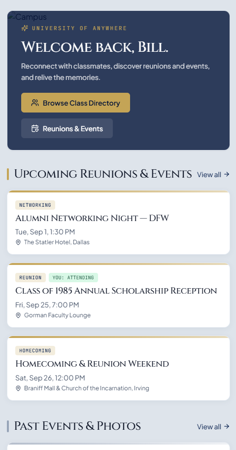 The alumni class experience on a phone
